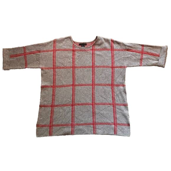 TAHARI Light Gray & Red Plaid 3/4 Cuffed Sleeve Scoop Neck Sweater Size 2X - Picture 1 of 7